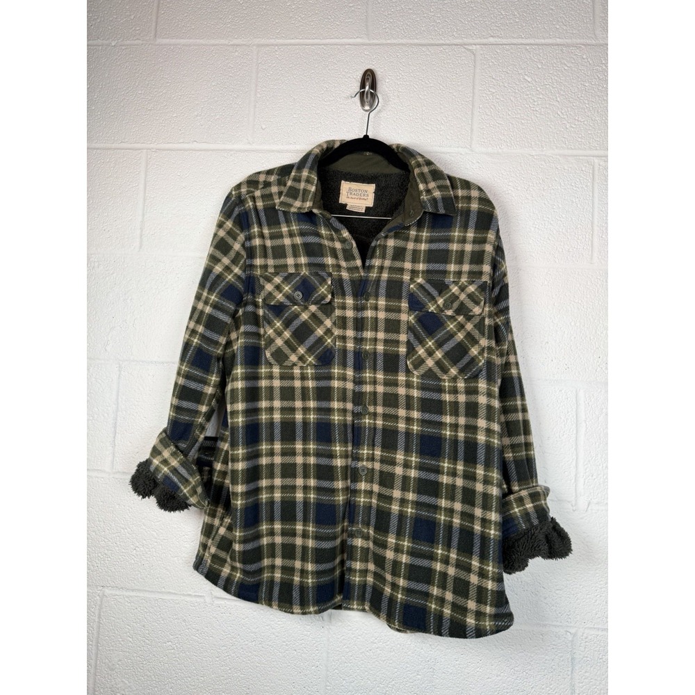 Boston Traders Sherpa Lined Flannel Shirt Jacket Men's L Green Plaid Shacket